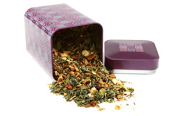 Image showing Set of dried herbs, fruits and spices for tea in a box. 