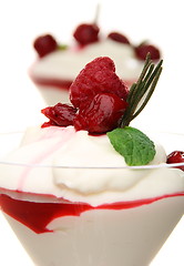 Image showing Yoghurt panna cotta with cherry sauce in a glass goblet.