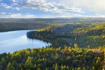 Image showing Fall forest and lake top view