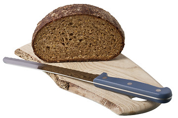 Image showing brown bread on shelf with knife