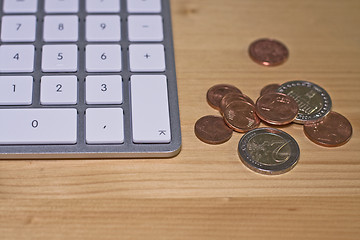 Image showing keyboard wood and coins