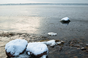 Image showing winter landscape on the shore of the Sea 