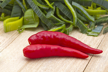 Image showing Fresh leek and red chili pepper 