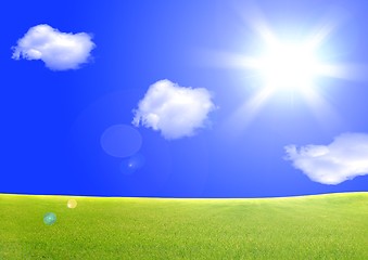 Image showing green field and sun sky