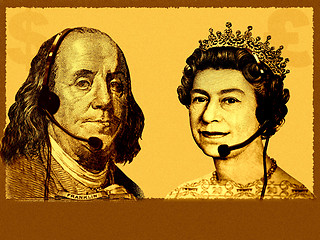 Image showing Conceptual International business/customer service. England Queen from 20 pounds banknote and USA President Franklin from 100 dollars banknote are talking, with headsets. A bit grainy