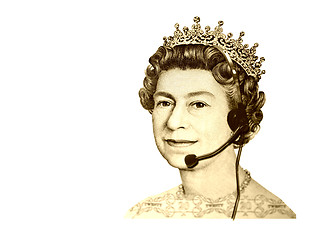 Image showing Conceptual business/customer service. The head of England currency- Queen, with headset. Isolated