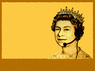 Image showing Conceptual business/customer service. The head of England currency- Queen, with headset. A bit grainy