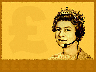 Image showing Conceptual business/customer service. The head of England currency- Queen, with headset. A bit grainy