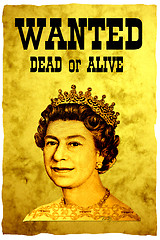 Image showing Conceptual WANTED poster. The head of England currency- Queen, on the vintage WANTED poster