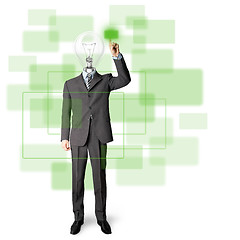 Image showing full length businessman with lamp-head push the button