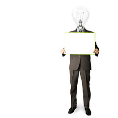 Image showing happy businessman with lamp-head holding card