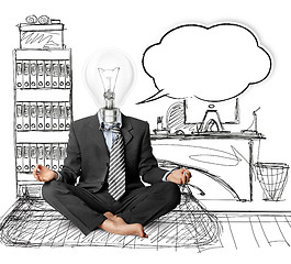 Image showing lamp-head businessman in lotus pose with speech bubble