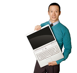 Image showing Male in blue with laptop