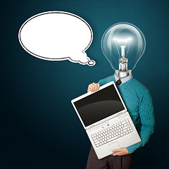 Image showing Male with lamp-head in blue with laptop and comics bubble