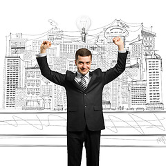 Image showing lamp-head businessman with hands up