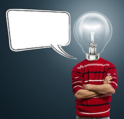 Image showing male in red and lamp-head with speech bubble