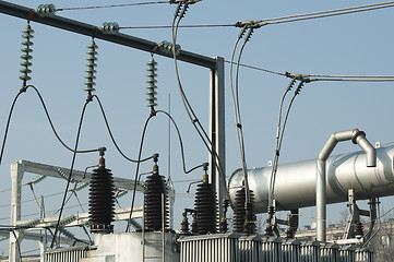 Image showing High-voltage wires and transformers