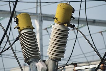 Image showing High-voltage wires and transformers