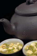 Image showing chinese jasmine tea pot and cups