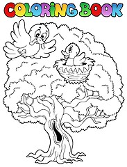 Image showing Coloring book big tree with birds