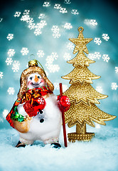 Image showing Snowman with Blue Holiday Background