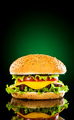 Image showing Tasty and appetizing hamburger on a darkly green