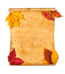 Image showing Old paper with autumn leaves, autumn note