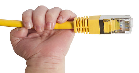 Image showing baby holding yellow network plug