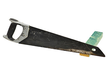 Image showing used handsaw with wood on white background