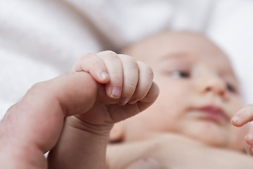 Image showing nursling holding finger of adult person