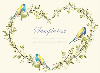 Image showing Decorative heart. Hand drawn valentines day greeting card. Illustration birds.  