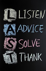 Image showing LAST acronym - Listen,advice,solve and thank