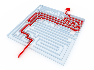 Image showing labyrinth of transparent blocks through which the red arrow. 3d 