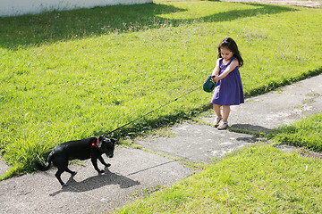 Image showing Little girl having trouble with her dog in the park