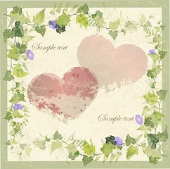 Image showing Vintage greeting card with wild ivy and hearts.Hand drawn valentines day greeting card.