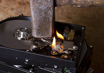 Image showing hammer and burning hard disks