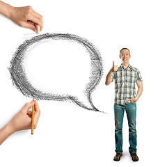 Image showing human hands with speech bubble and man