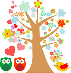 Image showing owls in love and bird with cute floral tree