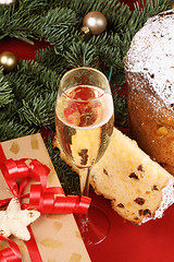 Image showing Christmas composition with panettone and spumante