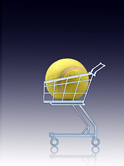 Image showing Sports shopping. Tennis ball in a shopping cart. Blue, vertical lined background
