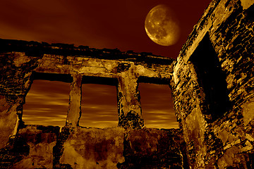 Image showing Old ruin in the moonlight. Dramatic toned