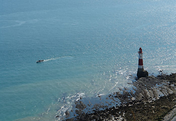 Image showing lighthouse and Boat near Beachy Head