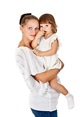 Image showing Pregnant mother and daughter to eat a plum