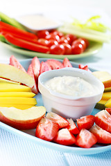 Image showing Raw  fruits and vegetables with dip