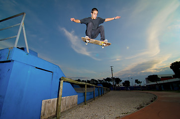 Image showing Skateboarder flying