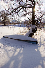 Image showing Old wooden boat covered with snow.