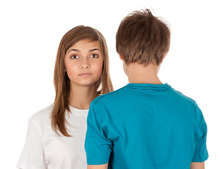Image showing girl looks out from a guy