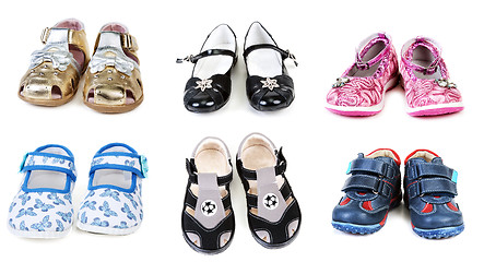 Image showing Collage from six pairs baby footwear