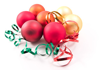 Image showing christmas glass balls decorated with ribbons