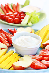 Image showing Raw  fruits and vegetables with dip